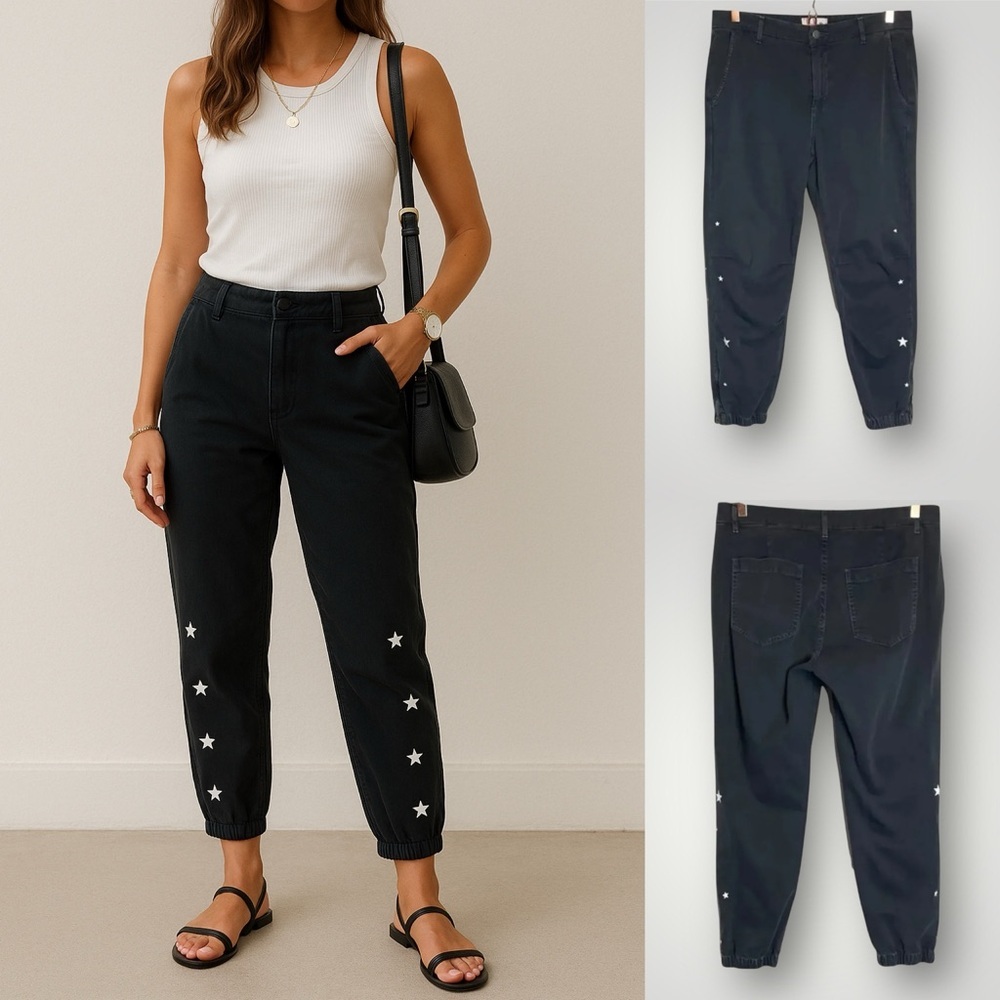 Sundry | Twill Jogger Cropped Pants Star Print Ankle Zippers 25” Inseam